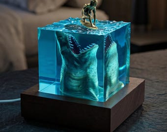 Personalized Shark Resin Desk Decor for Men, Surfer Ocean Sculpture, Father’s Day Gift for Dad, Unique Shark Gift for Boyfriend or Husband