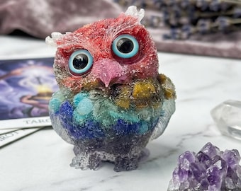 Handmade Crystal Owl Figurine, Colorful Resin Owl Decor, Small Owl Statue, Spiritual Gift, Desk Decor, Healing Crystal Art, Unique Gift