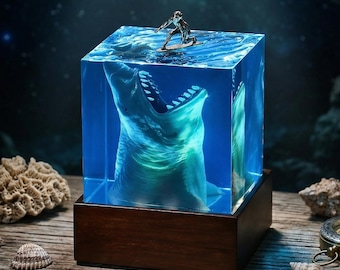 Ocean Resin Shark Lamp, Handmade Ocean Art Cube, Whale Shark Resin Decor, Nautical Gift for Him, Coastal Desk Sculpture