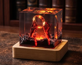 Fantasy Ring Resin Lamp, Personalized Engraved Wood Base, Red LED Desk Decor, Handmade Molten Lava Light,Gamer Gift, Mythical Ring Desk Lamp