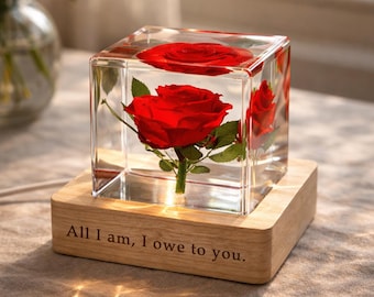 Personalized Eternal Rose Resin Cube LED Night Light, Real Preserved Rose Gift for Mom Wife Girlfriend, Custom Engraved Rose