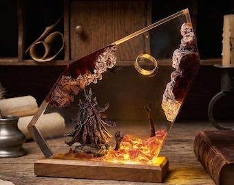 Dark Fantasy Resin Lamp, Fire Ring Resin Diorama, Volcano LED Desk Decor, Fantasy Collector Gift, Wood Base Night Light