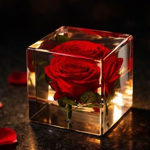 Eternal Rose Gift in Resin Cube with LED Wooden Base, Personalized Preserved Rose, Romantic Keepsake, Anniversary Birthday Gift for Her Mom