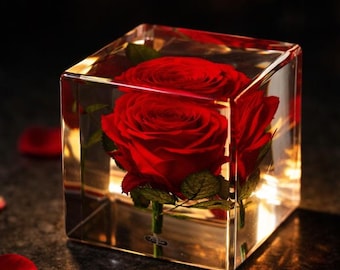 Eternal Rose Gift in Resin Cube with LED Wooden Base, Personalized Preserved Rose, Romantic Keepsake, Anniversary Birthday Gift for Her Mom