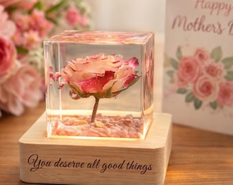 Personalized Resin Rose Night Light, Custom Engraved Wood Base, Birthday Gift for Her, Mothers Day Gift, Anniversary Gift, Rose Keepsake