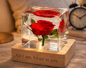 Personalized Eternal Rose Night Light, Preserved Real Rose in Resin Cube, Unique Mother’s Day Gift for Mom, Custom Engraved LED Base