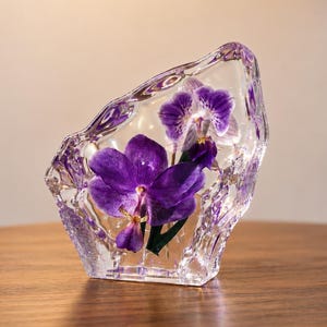 Op de afbeelding: Een heldere, onregelmatig gevormde glazen sculptuur met twee levendige paarse orchideeën erin. De bloemen hebben delicate bloemblaadjes en gele centra. De sculptuur staat op een houten oppervlak.