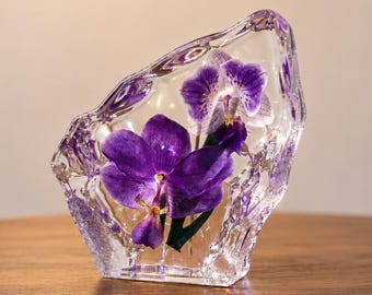 Real Orchid in Resin Decor, Preserved Flower Art Gift for Mom, Miniature Orchid Sculpture, Nordic Apartment Decor Wedding Gift