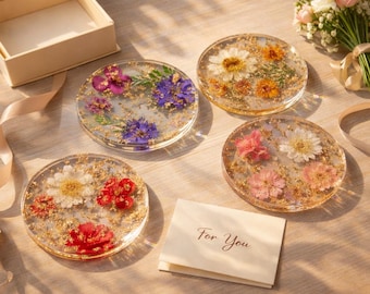 Sottobicchiere in resina con veri fiori secchi, sottobicchiere floreale fatto a mano, sottobicchiere con scaglie d'oro, regalo estetico per lei, decorazione unica per la casa