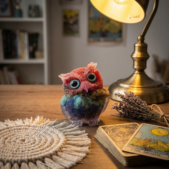 Mini Crystal Owl Figurine, Handmade Resin Owl Decor, Colorful Small Statue, Witchy Desk Decor, Cute Owl Gift, Spiritual Home Accent