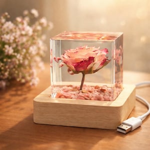 Personalized Resin Rose Cube Night Light, Preserved Rose in Resin, Custom Engraved Wood Base,Romantic Gift for Her,Anniversary Birthday Gift