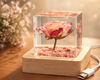 Personalized Resin Rose Cube Night Light, Preserved Rose in Resin, Custom Engraved Wood Base,Romantic Gift for Her,Anniversary Birthday Gift