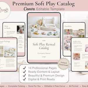Catálogo de alquiler de juegos infantiles blandos / Lista de precios de castillos hinchables / Plantilla editable de Canva