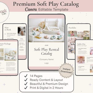 Plantilla de catálogo de alquiler de juegos infantiles y castillos hinchables: Lista de precios editable en Canva