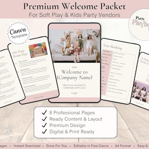 Peut inclure: Un modèle de pack de bienvenue numérique pour les fournisseurs de jeux doux et de fêtes pour enfants. La conception comprend huit pages professionnelles avec un contenu et une mise en page prêts à l'emploi. Le modèle est numérique et prêt à imprimer.