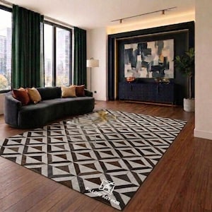 Vloerkleed van koeienhuid, bruin/grijs met haartjes, jacquard patchworkpatroon, 152 x 244 cm, handgemaakte loper/vloerkleed