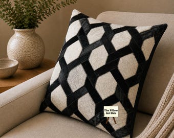 Hair-On Cowhide Pillow Cover | Genuine Leather, Hexagon Pattern, Rustic Boho Decor