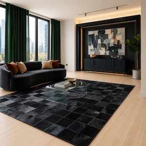 Op de afbeelding: Een moderne woonkamer met een zwarte bank met sierkussens, een glazen salontafel en een groot zwart-grijs geblokt vloerkleed. De kamer heeft donkergroene gordijnen en een abstract schilderij.