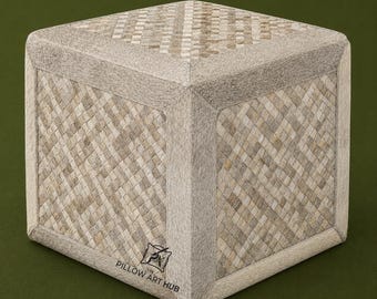 Hand-Woven Beige Patchwork Cowhide Ottoman Cover - Square Floor Pouf Slipcover