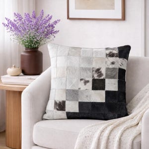 Hair-On Cowhide Pillow Cover | Genuine Leather, Rustic Western Boho Decor with Mosaic Pixel Pattern