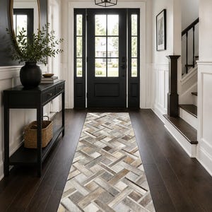 Handmade Silver Mist Cowhide Leather Runner Rug | Patchwork Hallway Rug | Modern Entryway Carpet