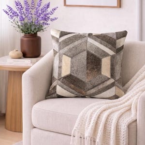 Hair-On Cowhide Pillow Cover, Genuine Leather, Rustic Western Boho Decor with Octagon Patchwork Pattern