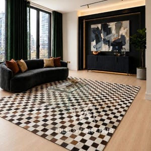 Cowhide Brown and White Square Pixel Patchwork Rug - Modern Handmade Area Rug