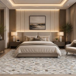 May include: A bedroom featuring a large bed with beige bedding, two bedside tables with lamps, a beige armchair, and a large area rug with a multi-colored square tile pattern. The room includes a wall-mounted landscape painting and wood paneling.