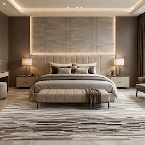 May include: A bedroom featuring a large bed with a beige upholstered headboard, a matching bench at the foot, and two nightstands with lamps. The room includes a vanity with a stool, an armchair, and a large area rug with a horizontal striped pattern.