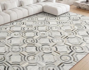 Alfombra de piel de vaca auténtica, patchwork de cuero natural, alfombra de decoración rústica de granja.