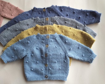 Hand knitted popcorn baby cardigan, gender-neutral baby sweater, new baby gift, baby cardi made to order, 0-24 month sizes, unisex baby gift