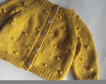 Mustard yellow popcorn baby cardigan,  baby shower gift, new baby gift, knitted baby clothes, 3-6 month baby, unisex baby sweater, RTS