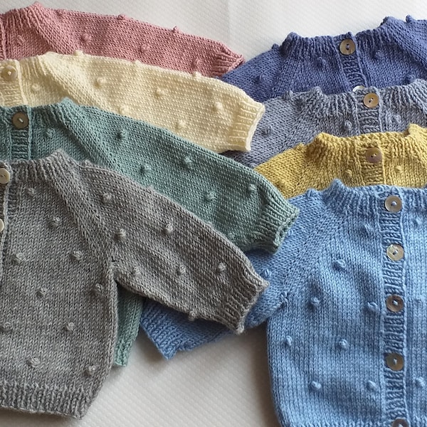 Popcorn baby cardigan, hand knitted gender neutral baby sweater, new baby gift, baby cardi made to order, 0-24 month sizes, unisex baby gift