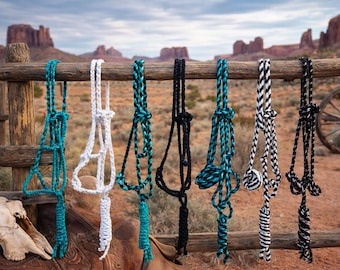 May include: A collection of horse halters in various colors, including teal, white, black, and black and white patterns, hanging on a wooden fence. The background features a desert landscape with rock formations and a wagon wheel.