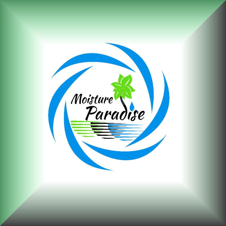 May include: A blue swirl design with a green palm tree and a water drop. The text "Moisture Paradise" is written in black.