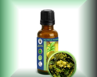 May include: A small brown glass bottle with a black cap, labeled "High Altitude Naturals" and containing essential oil. The bottle is sitting on a white surface with a green background. A close-up image of the plant the oil is derived from is shown in a circle.