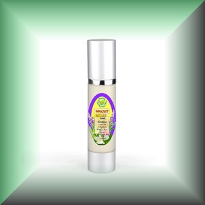 May include: A silver bottle of Bouquet Facial Moisturizer with a purple and green label. The label says "Facial Moisturizer" and "enriched with aloe vera, rose & tea extract".