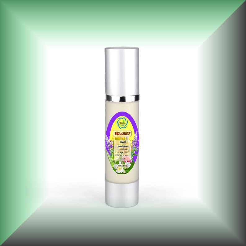 May include: A silver bottle of Bouquet Facial Moisturizer with a purple and green label. The label says "Facial Moisturizer" and "enriched with aloe vera, rose & tea extract".