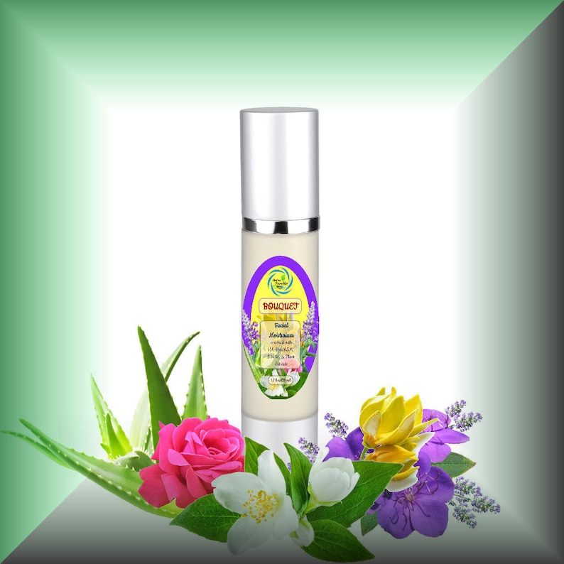 May include: A white bottle of Bouquet Facial Moisturizer with a purple label. The label features a green swirl and the text "Bouquet Facial Moisturizer enriched with Aloe Vera, Rose & Tea Extract (1.7 fl oz/50 ml)". The bottle is surrounded by green aloe vera leaves, a pink rose, white jasmine flowers, and purple and yellow flowers.