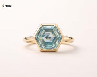 Hexagon Blau Moissanite Verlobungsring Geometrische Gelb Gold Minimalist Braut Versprechen Hochzeit Schmuck