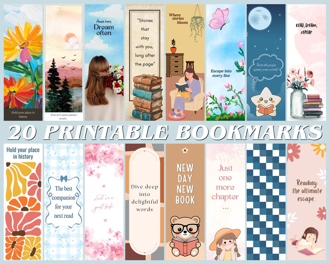 20 Printable Bookmarks Bundle, Floral Book Lover Gift, Digital Bookmark ...
