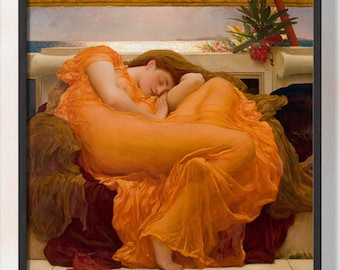 May include: A framed art print depicting a woman in an orange dress, asleep. The artwork uses warm colours, with the woman's skin and dress contrasting against the darker background. The frame is black with gold detailing.
