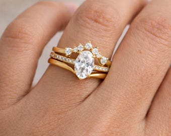 Ensemble de bagues ovales en or avec diamants 14 carats, bague de fiançailles pour la mariée, alliances empilables, bague minimaliste délicate, cadeau pour elle, bague de promesse
