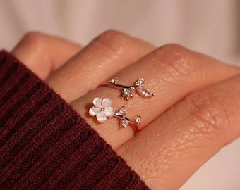 Rose Gold Floral Ring, Mother-of-Pearl Flower, Adjustable Stacking Jewelry