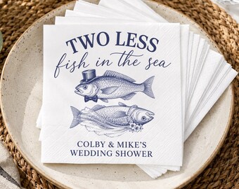 Personalized Wedding Cocktail Napkins, Two Less Fish in the Sea Napkins, Beach Wedding Napkins, Custom Reception Napkins