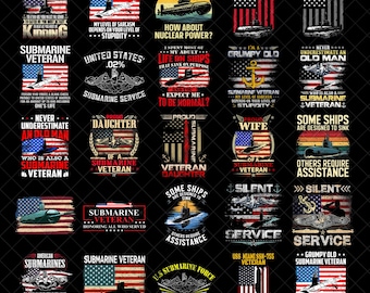May include: A collection of graphic designs featuring submarines, American flags, and text. The designs include phrases like "Submarine Veteran," "Silent Service," and "Horse Power?" in red, white, and blue.