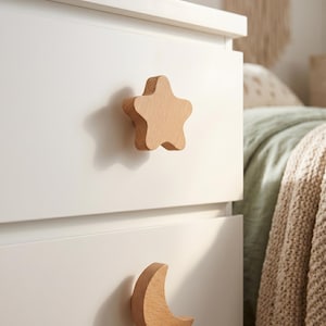 Cute Wooden Knobs Set of 2 Star Moon Drawer Pulls Beechwood Nursery Cabinet Handles Aesthetic Kids Room Dresser Hardware Pair