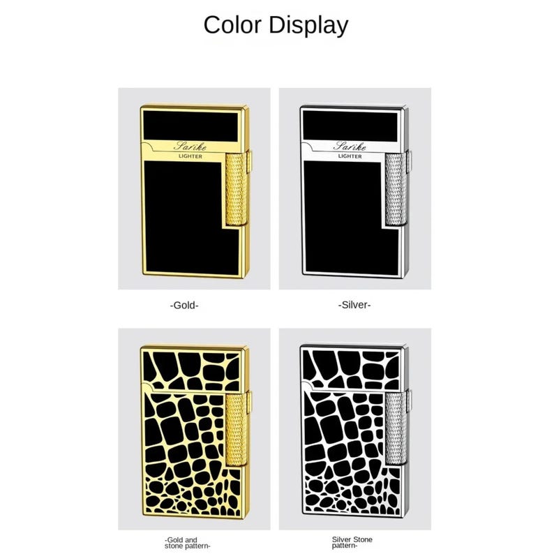 May include: Four lighters are shown, labelled "Color Display". They are in gold and silver, with black panels. Two have a gold and stone pattern, and two have a silver stone pattern. The brand name "Sarike Lighter" is visible.