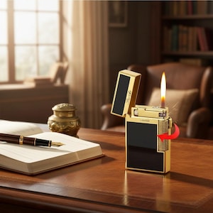 May include: A gold-coloured lighter with a black panel is open, displaying a flame. The lighter has the word "Lighter" printed on it. The lighter is on a wooden desk with a pen and notebook.