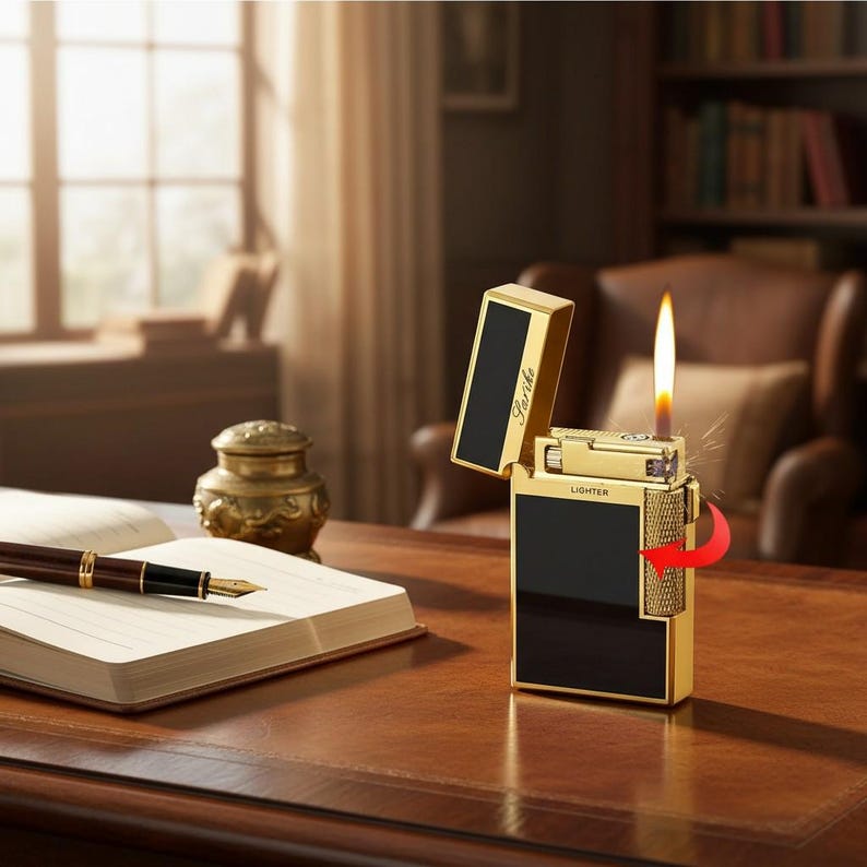 May include: A gold-coloured lighter with a black panel is open, displaying a flame. The lighter has the word "Lighter" printed on it. The lighter is on a wooden desk with a pen and notebook.